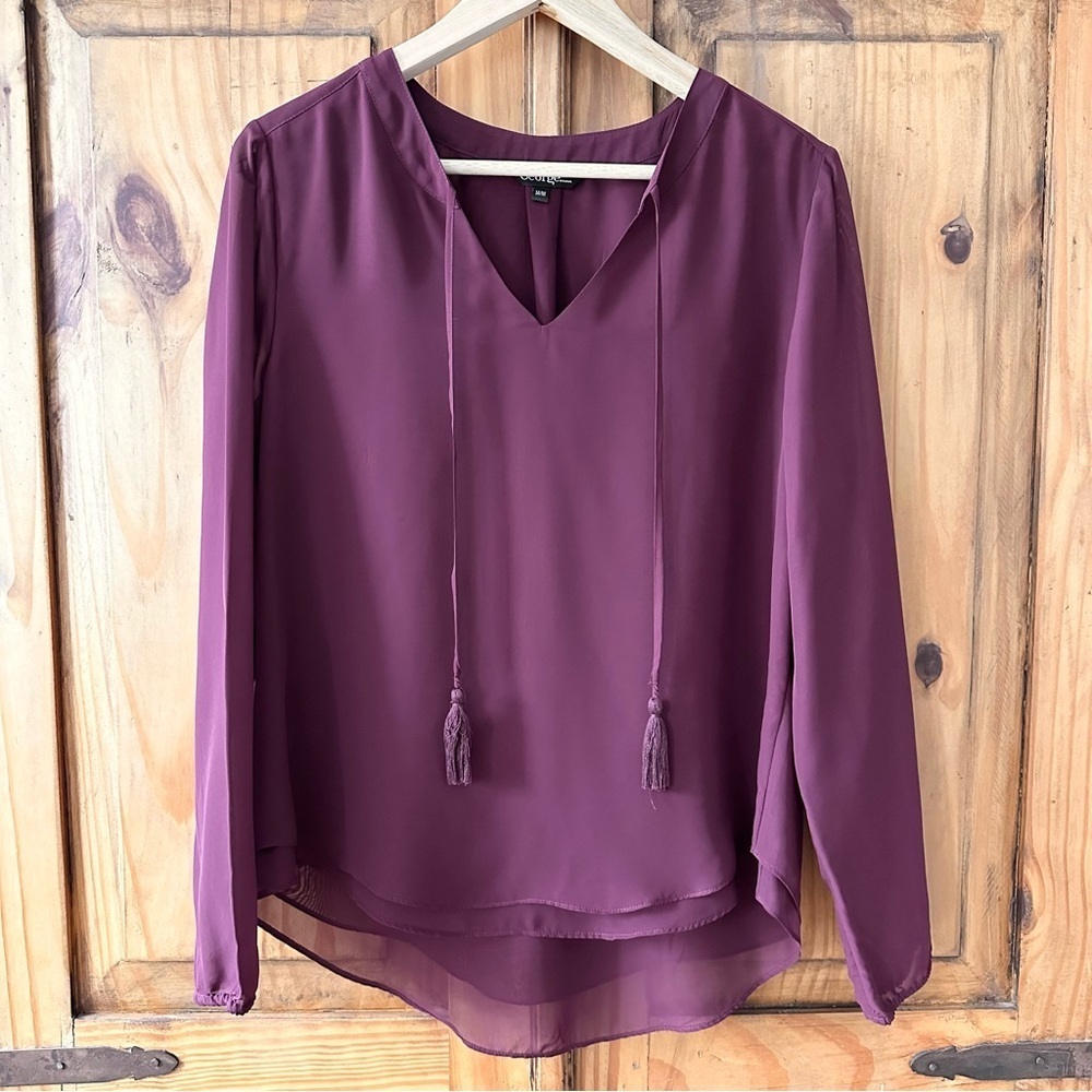Tunic Top Split V Neck Tie Strings w/Tassels Burgundy Business Casual - Medium